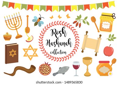 Rosh Hashanah icons set flat cartoon style. Jewish New Year Holiday element collection with Honey and apple, shofar, pomegranate, candles, torah. Shana Tova Vector Illustration