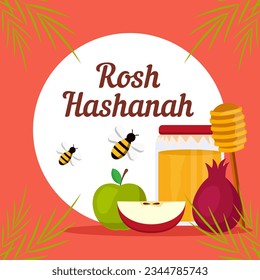 rosh hashanah illustration in flat design vector with bee, pomegranate and apples