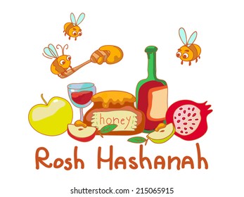 Rosh hashanah illustration. Jewish new year cute background with symbols of holiday.  Cartoon, vector art. Isolated on white. For Shana Tova greeting card, web design, page decoration.