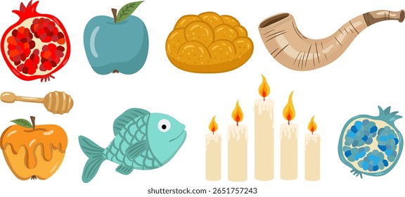 rosh hashanah isolated vector elements set jewish new year holiday symbols traditional icons honey apple pomegranate shofar candles challah fish