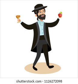 Rosh Hashanah. Jew man in traditional clothes holding red apple and glass with wine. Cartoon character jewish boy Vector illustration on white background