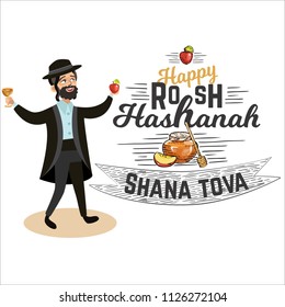 Rosh Hashanah. Jew man in traditional clothes holding red apple and glass with wine. Cartoon character jewish boy Vector illustration on white background