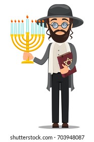 Rosh Hashanah. Jew man in traditional clothes holding bible and menorah. Cartoon character in glasses. Vector illustration.