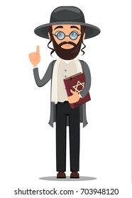 Rosh Hashanah. Jew man in traditional clothes holding bible. Cartoon character in glasses. Vector illustration.