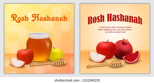 Rosh Hashanah jewish holiday apple honey banner concept set. Realistic illustration of 2 Rosh Hashanah jewish holiday apple honey vector banner concepts for web