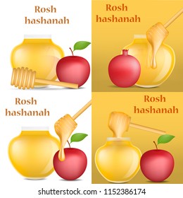 Rosh Hashanah jewish holiday apple honey banner concept set. Realistic illustration of 4 Rosh Hashanah jewish holiday apple honey vector banner concepts for web