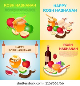 Rosh Hashanah jewish holiday apple honey banner concept set. Isometric illustration of 2 Rosh Hashanah jewish holiday apple honey vector banner concepts for web