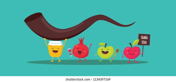 Rosh Hashanah Jewish holiday banner design with honey jar, apple and pomegranate funny cartoon characters holding shofar , Jewish horn. Vector illustration