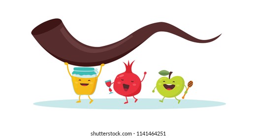 Rosh Hashanah Jewish holiday banner design with honey jar, apple and pomegranate funny cartoon characters holding shofar , Jewish horn. Vector illustration