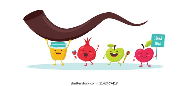 Rosh Hashanah Jewish holiday banner design with honey jar, apple and pomegranate funny cartoon characters holding shofar. apply and sweet new year in Hebrew. Vector illustration