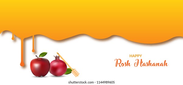 Rosh Hashanah Jewish holiday banner design with honey jar, apple and pomegranate. Vector illustration of rosh hashanah banner.