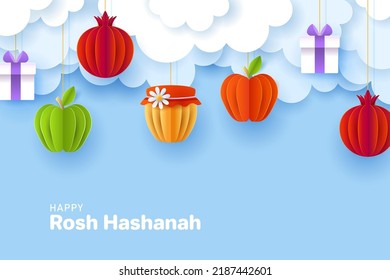 Rosh Hashanah Jewish Holiday Banner Design With Paper Cut Apple, Honey And Pomegranate. Vector Illustration. 