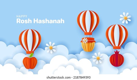 Rosh Hashanah jewish holiday banner design with paper cut hot air balloon, apple, honey and pomegranate. Vector illustration. 