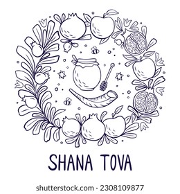 Diseño de tarjetas de vacaciones judías Rosh Hashanah con manzana, miel y granada de fondo blanco en estilo doodle. Ilustración del vector