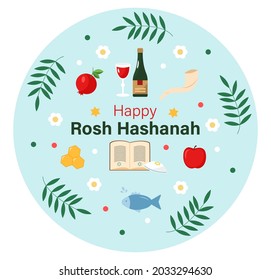 Rosh Hashanah, a Jewish holiday. Postcard design. Pomegranate, apple, fish, wine, honey, flowers. Vector illustration in flat style