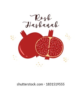 Rosh Hashanah Jewish holiday. Template for postcard or invitation card, poster, banner with pomegranate. Flat Vector illustration.