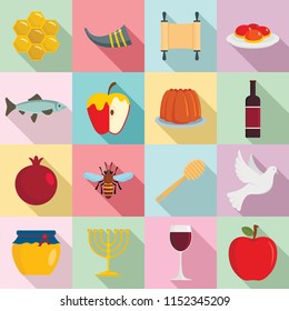 Rosh Hashanah jewish holiday torah icons set. Flat illustration of 16 Rosh Hashanah jewish holiday torah vector icons for web