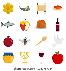Rosh Hashanah jewish holiday torah icons set. Flat illustration of 16 Rosh Hashanah jewish holiday torah vector icons for web