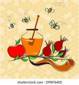 rosh hashanah (jewish holiday)  vector concept - apple, shofar horn and pomegranate.  traditional holiday symbol.