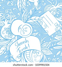 Rosh Hashanah (Jewish New Year) seamless pattern. Hand drawn elements apples, pomegranate greeting cards and flowers. Vector illustration blue background.