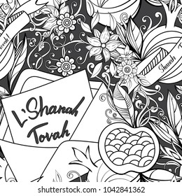 Rosh Hashanah (Jewish New Year) seamless pattern. Hand drawn elements apples, pomegranate greeting cards and flowers. Vector illustration black background.