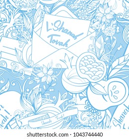 Rosh Hashanah (Jewish New Year) seamless pattern. Hand drawn elements apples, pomegranate greeting cards and flowers. Vector illustration blue background.