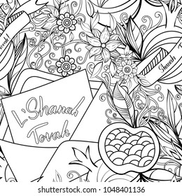 Rosh Hashanah (Jewish New Year) seamless pattern. Hand drawn elements apples, pomegranate greeting cards and flowers. Vector illustration. Isolated on white background. Adult coloring book page.