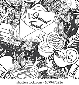 Rosh Hashanah (Jewish New Year) seamless pattern. Hand drawn elements apples, pomegranate greeting cards and flowers. Vector illustration black background.