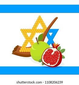 Rosh Hashanah, Jewish New Year, greeting card with Star of David in honeycomb, shofar and holiday symbolic fruits, apple and pomegranate, flag of Israel