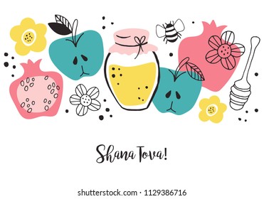 Rosh Hashanah (jewish new year) greeting card design with hand drawing apple, honey and pomegranate. Vector illustration