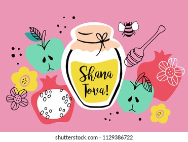 Rosh Hashanah (jewish new year) greeting card design with hand drawing apple, honey and pomegranate. Vector illustration