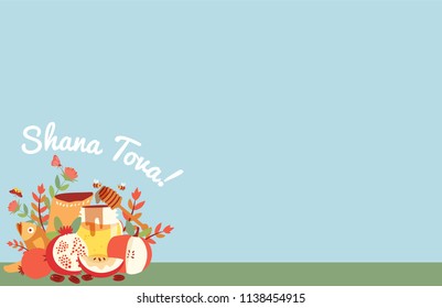 Rosh hashanah or Jewish new year with shofar and symbolic foods: honey, apple, fish, dates, and pomegranate, blue background banner, illustration, vector