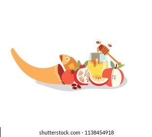 Rosh hashanah or Jewish new year with shofar and symbolic foods: honey, apple, fish, dates, and pomegranate illustration, vector.