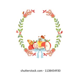 Rosh hashanah or Jewish new year with symbolic foods and flower frame, illustration, vector