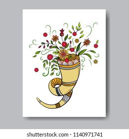 Rosh hashanah - Jewish New Year card template with shofar and flowers. Hand drawn vector illustration.