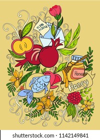 Rosh hashanah - Jewish New Year greeting card template with apples, honey and pomegranates. Hebrew text Happy New Year and Happy Holiday. Hand drawn vector illustration.