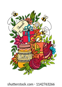 Rosh hashanah - Jewish New Year greeting card template with apples, honey, pomegranates and holiday gifts. Hand drawn vector illustration. Isolated on white background.