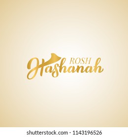 Rosh Hashanah. Jewish New Year. Hand lettering illustration for banner, flyer, print material, sticker, typography, poster, greeting card, postcard, logo. Calligraphy of gold color. Vector