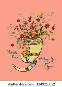 Rosh hashanah - Jewish New Year card template with shofar and flowers. Hand drawn vector illustration.