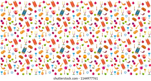 Rosh hashanah Jewish New Year pattern with traditional symbols honey and apple, shofar, pomegranate, Torah scroll, challah icons. Rosh hashana, sukkot symbols. Festival Israel Jerusalem autumn harvest