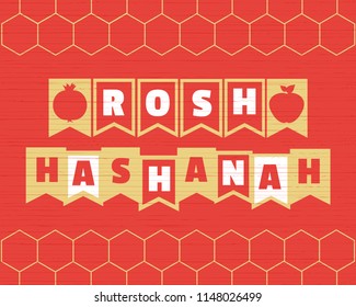 Rosh Hashanah Jewish New Year concept. Traditional holiday symbols. Sweet honey, apple, pomegranate. Template for greeting card. Design idea for happy party celebration background. Vector illustration