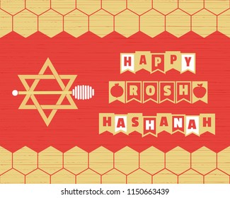 Rosh Hashanah Jewish New Year concept. Traditional holiday symbols. Sweet honey, apple, pomegranate. Template for greeting card. Design idea for happy party celebration background. Vector illustration
