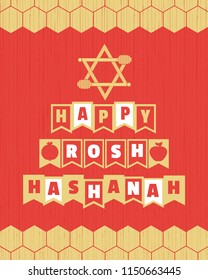 Rosh Hashanah Jewish New Year concept. Traditional holiday symbols. Sweet honey, apple, pomegranate. Template for greeting card. Design idea for happy party celebration background. Vector illustration