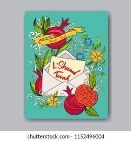 Rosh hashanah - Jewish New Year card template with apple, pomegranate and greeting card. Hebrew text L'Shanah Tova - Happy New Year. Hand drawn vector illustration.