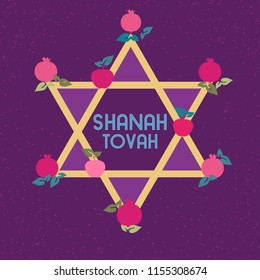 Rosh Hashanah Jewish New Year concept. Traditional holiday sweet symbol pomegranate, apple in David star. Wishing greeting card. Design idea for happy party celebration background. Vector illustration