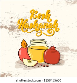 Rosh Hashanah Jewish new year holiday card with hand drawn lettering with outline apple, honey and pomegranate illustration for poster, banner, greeting card, harvest holiday invitation