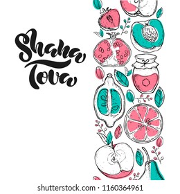 Rosh hashanah jewish new year holiday. Shana Tova lettering on white background with fruits. Vector illustration of Shana Tova for greeting card/invitation/poster/store/gift/banner template.