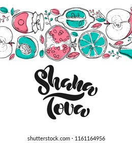 Rosh hashanah jewish new year holiday. Shana Tova lettering on white background with fruits. Vector illustration of Shana Tova for greeting card/invitation/poster/store/gift/banner template.