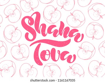 Rosh hashanah jewish new year holiday. Shana Tova lettering on white background with fruits. Vector illustration of Shana Tova for greeting card/invitation/poster/store/gift/banner template.