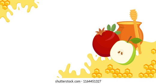 Rosh Hashanah, Jewish New Year, greeting banner with apple, pomegranate, honey pot with honey dipper, Jewish holiday symbols on honey background with space for text, design element for harvest festiva